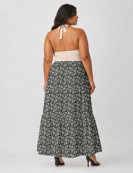 Midi Tiered Skirt - Black Floral