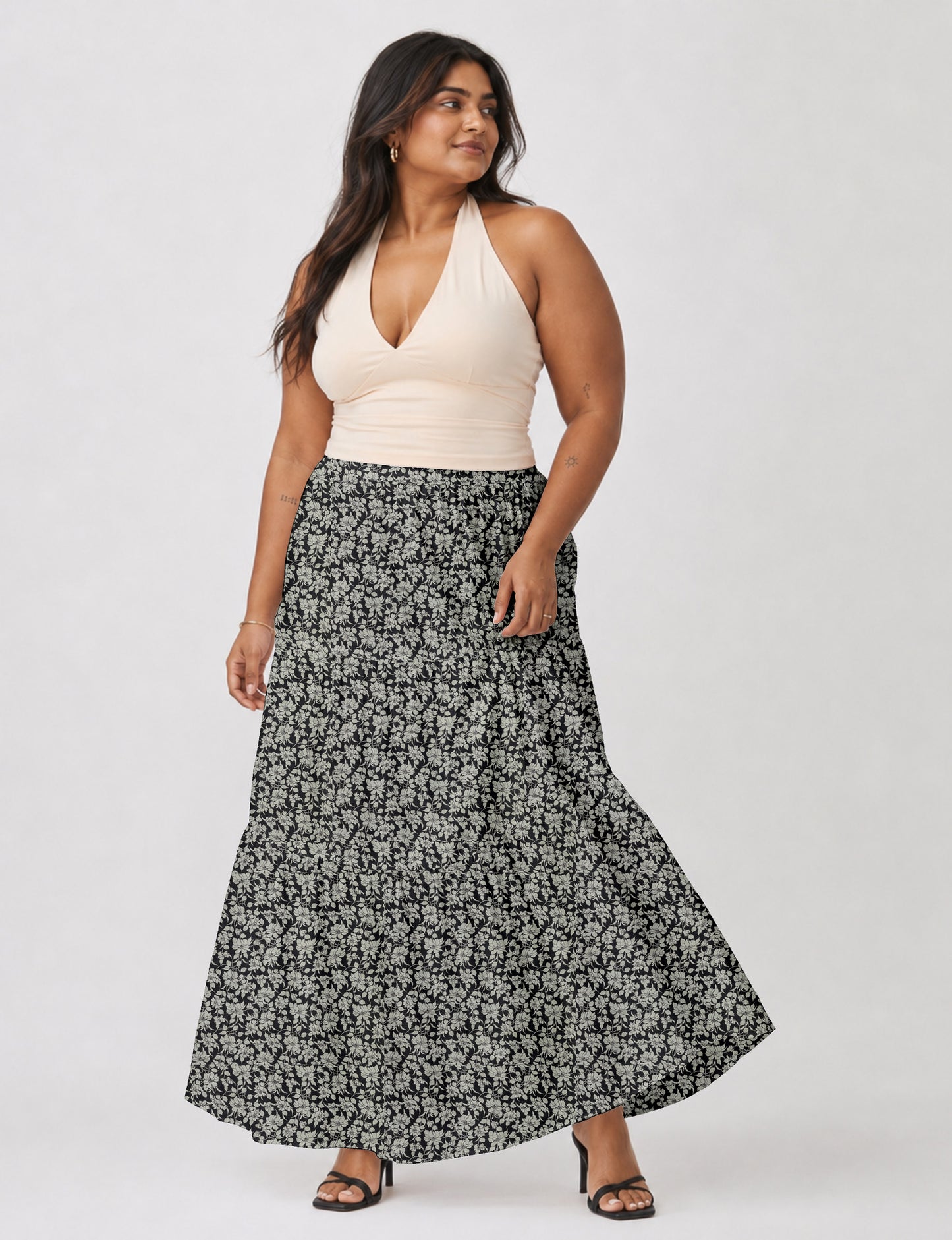 Midi Tiered Skirt - Black Floral