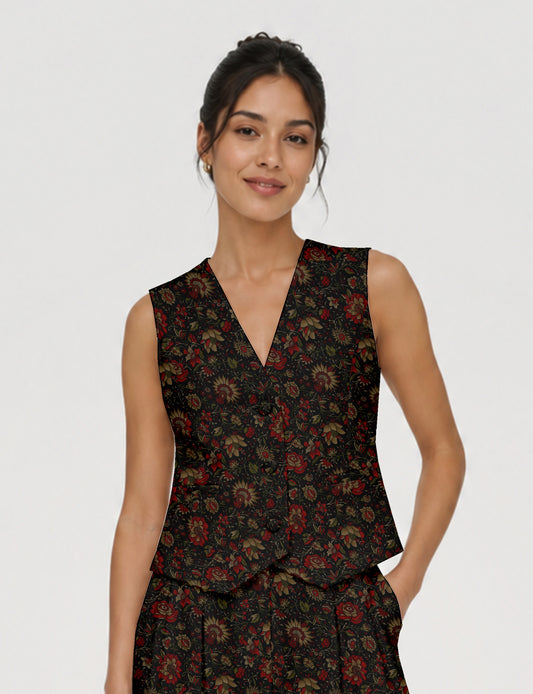 Women's fitted waistcoat with V-neck, single-breasted button closure, tailored silhouette, and pointed hem in sustainable fashion.