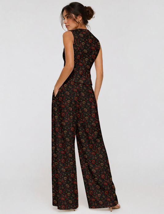 Women's tailored waistcoat set with a sleeveless V-neck button-front waistcoat and high-rise wide leg trousers in a coordinated matching outfit.