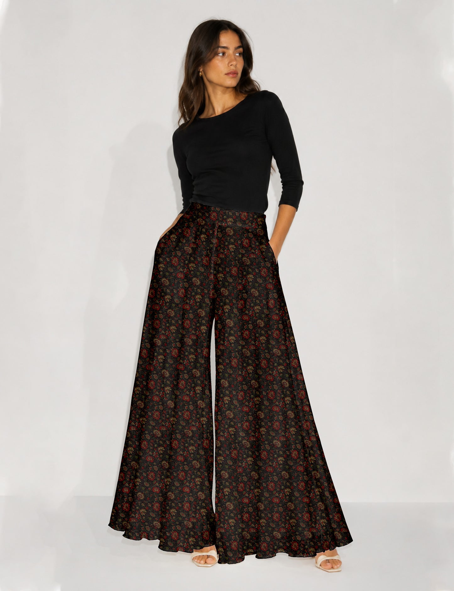 Wide Leg Palazzo Trousers - Black Floral