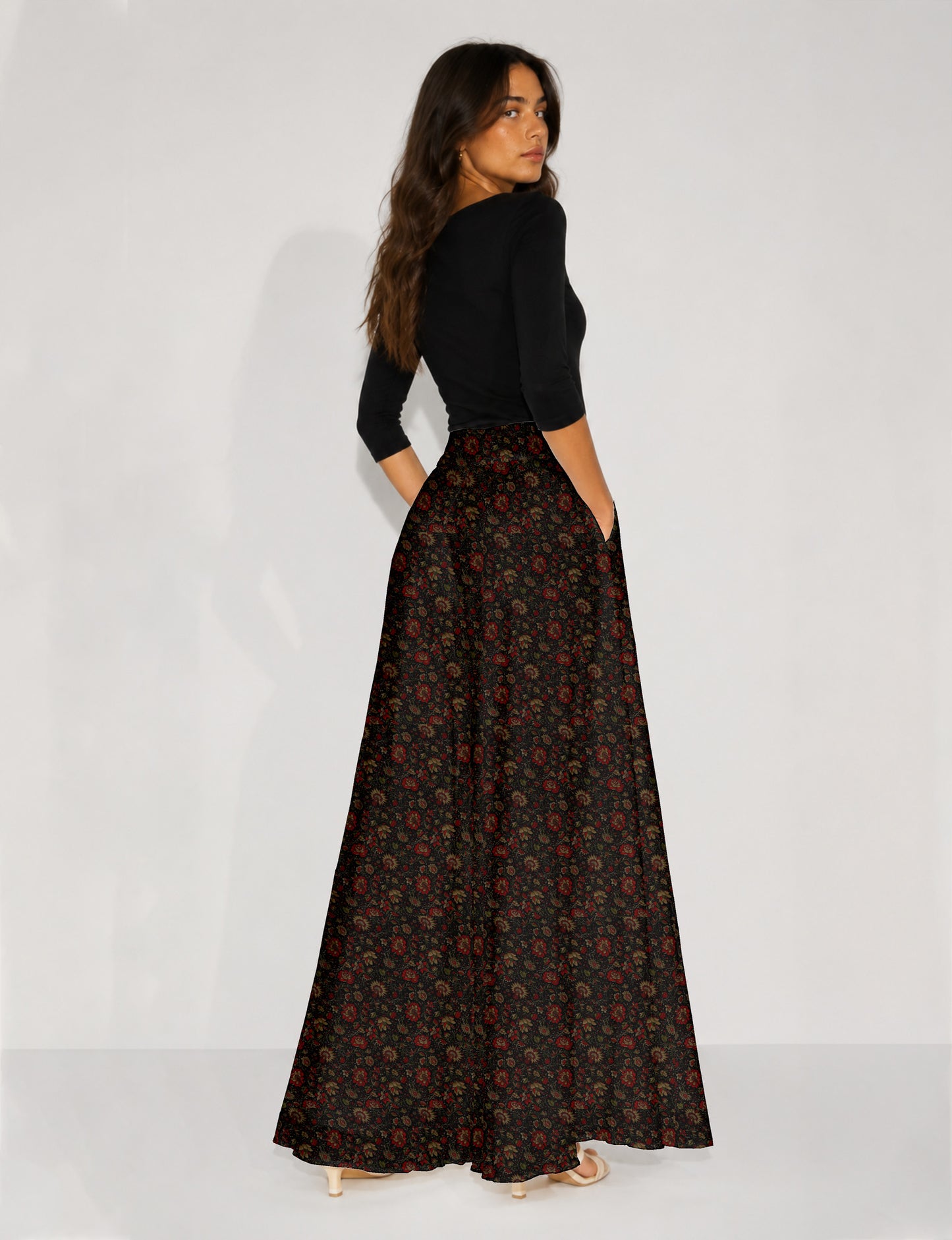 Wide Leg Palazzo Trousers - Black Floral