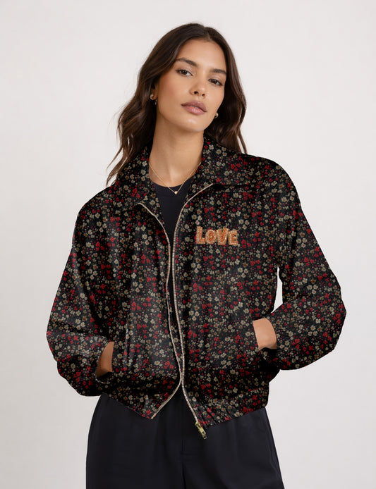 Love Bomber Jacket made from recycled fabric, featuring hand-stitched Aari embroidery. A unique piece of zero-waste clothing, part of the circular fashion movement. Designed with upcycled materials for a stylish yet environmentally friendly clothing choice.