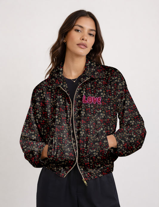 Love Bomber Jacket made from recycled fabric, featuring hand-stitched Aari embroidery. A unique piece of zero-waste clothing, part of the circular fashion movement. Designed with upcycled materials for a stylish yet environmentally friendly clothing choice.