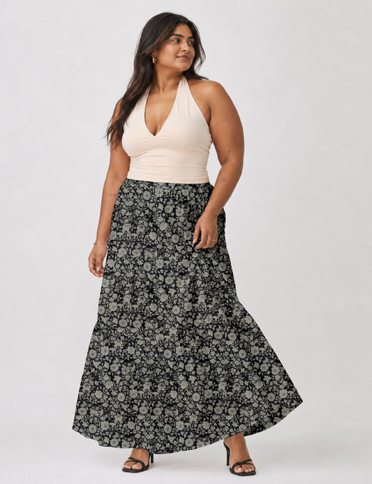 Midi Tiered Skirt - Black Floral