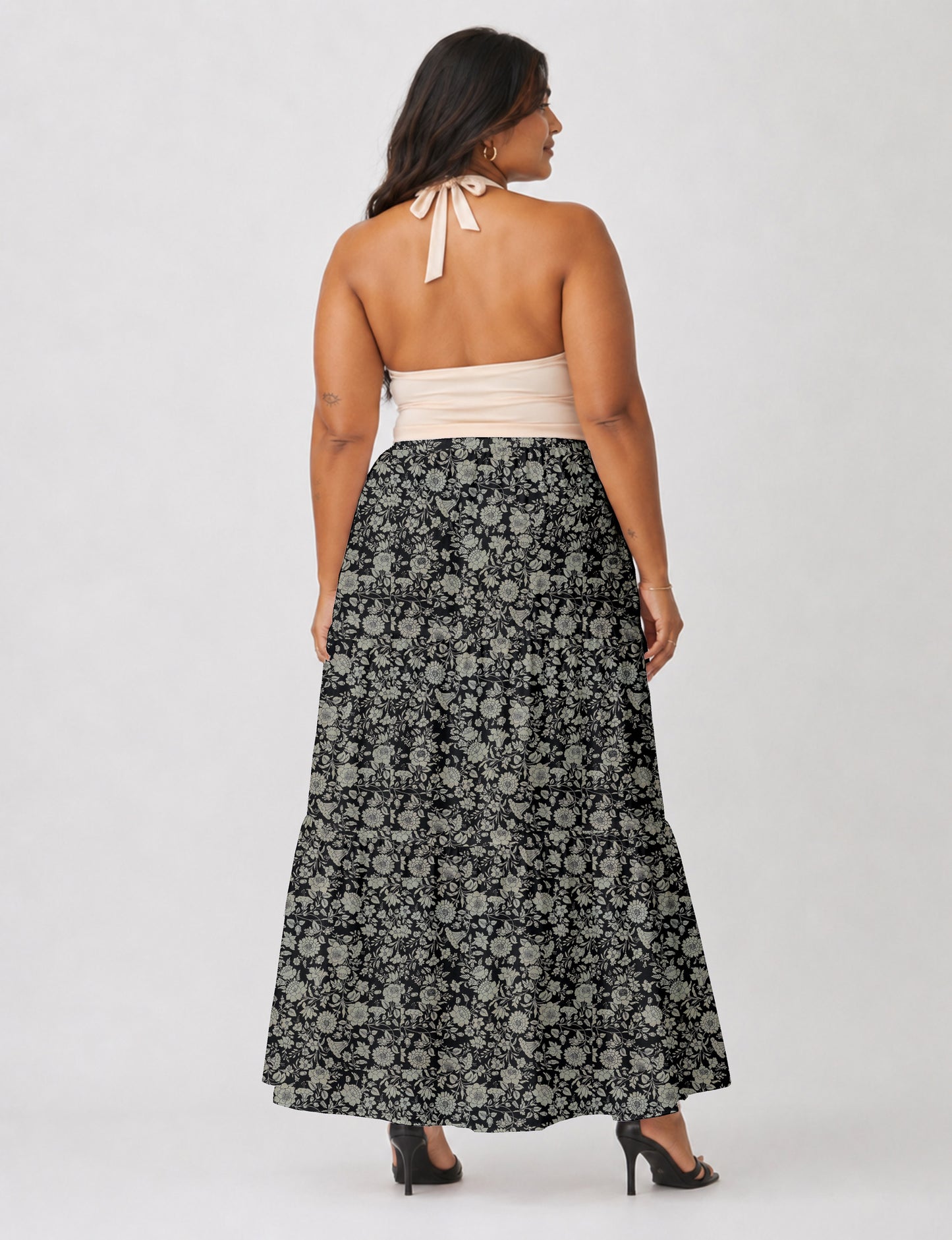 Midi Tiered Skirt - Black Floral