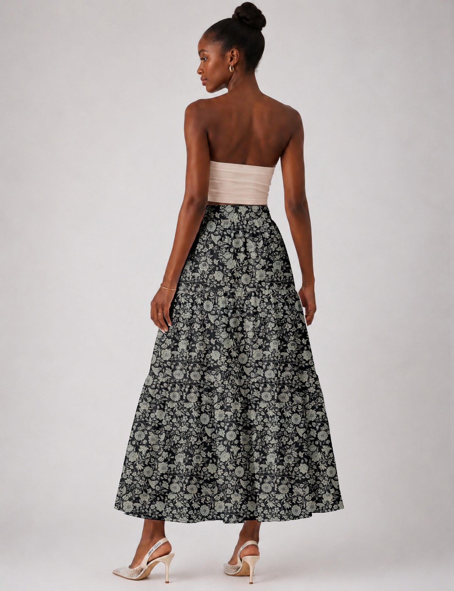 Midi Tiered Skirt - Black Floral