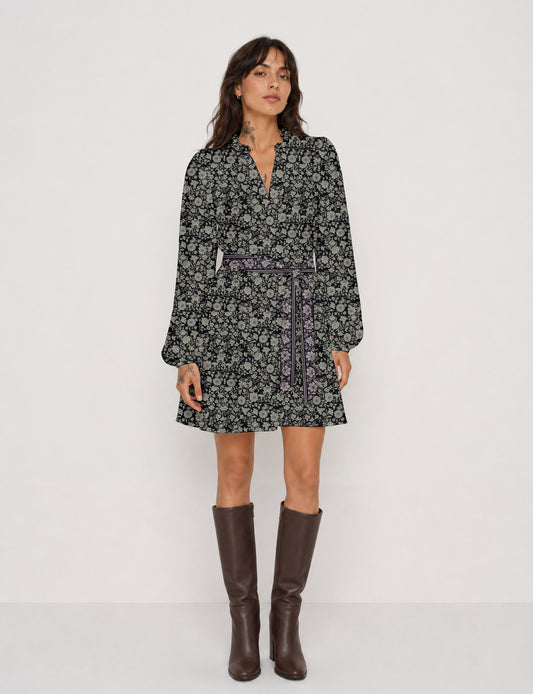 Swing dress with belt - Black Floral