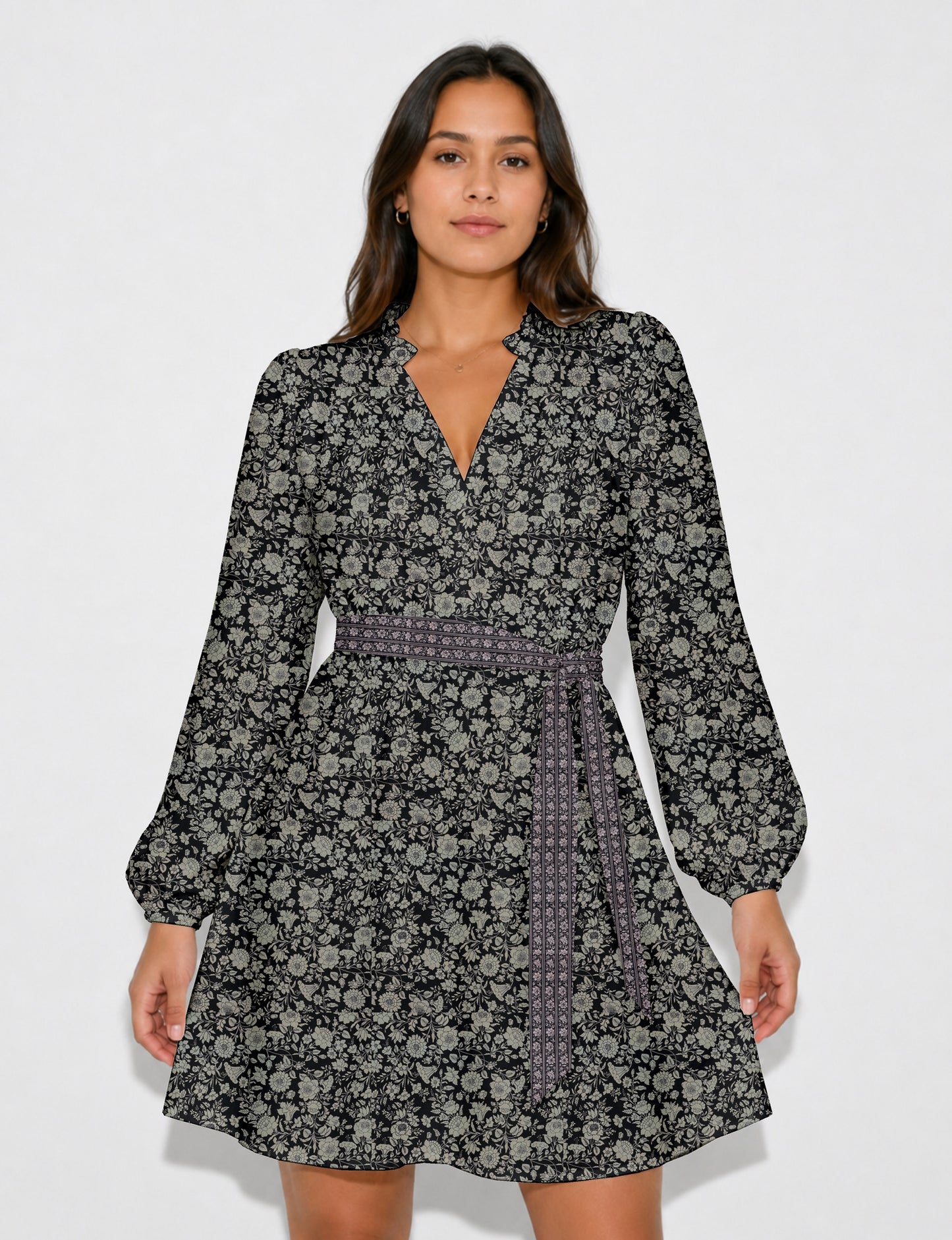 Swing dress with belt - Black Floral