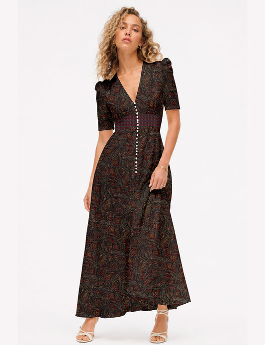 Maxi romantic dress with a fitted bodice, V-neckline, functional button placket, structured waist panel, short sleeves, and a softly flared ankle-length A-line skirt.