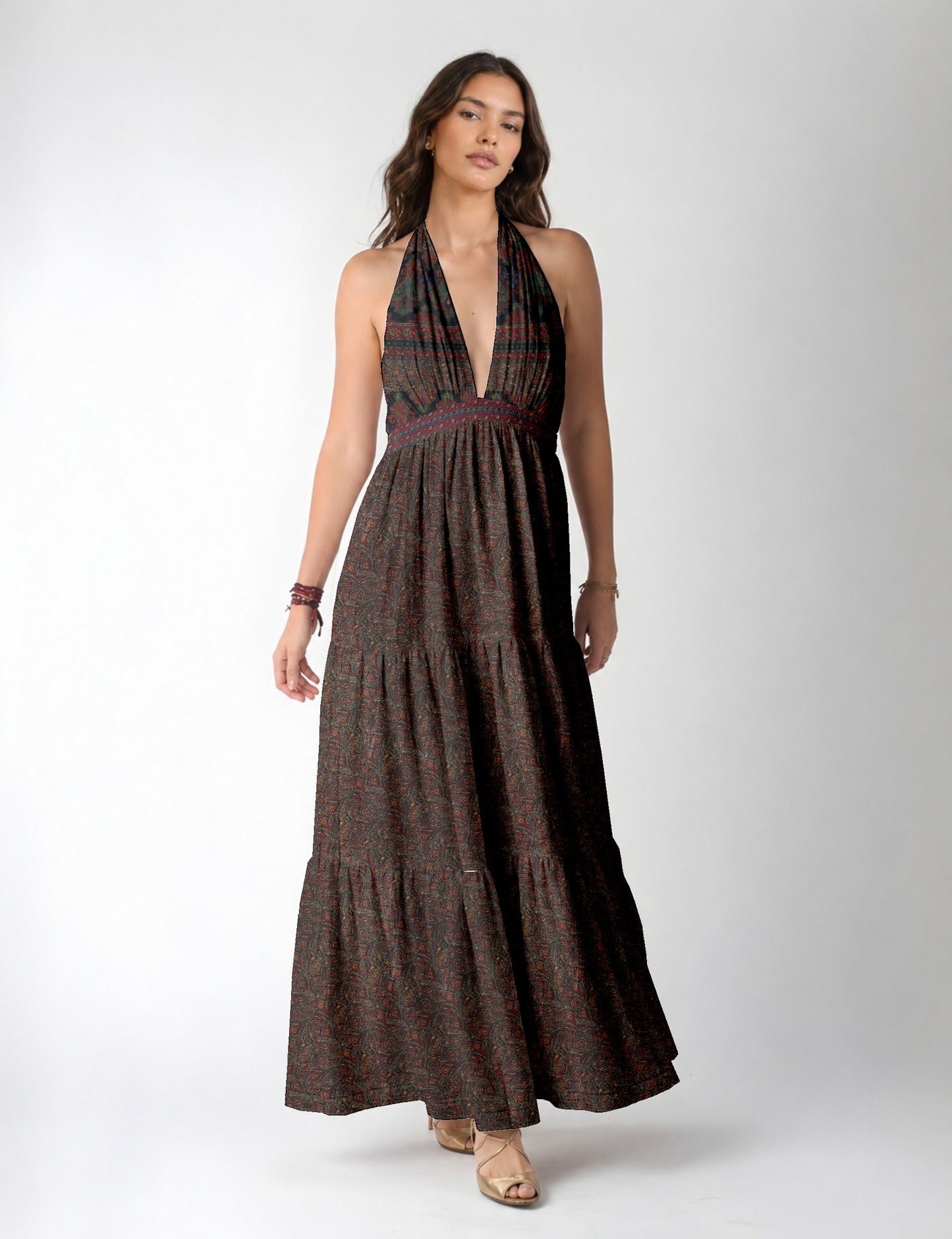 Maxi tiered dress by I was a Sari with halter neckline and flowy silhouette