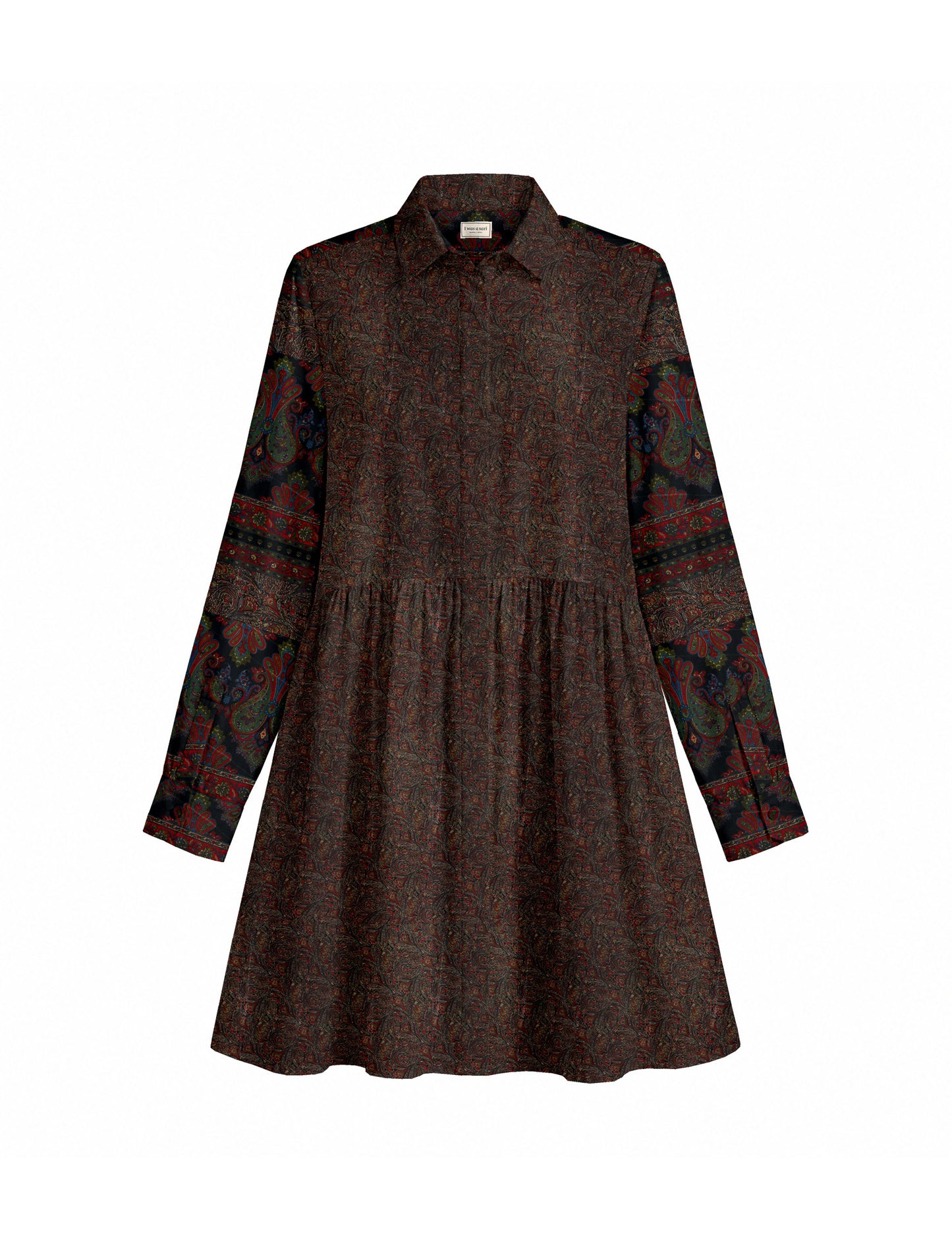 Short shirt dress with a relaxed A-line silhouette, point collar, partial button placket, gathered waist, side pockets, and full-length cuffed sleeves.