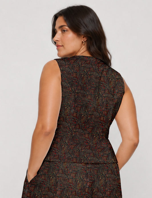 Women's fitted waistcoat with V-neck, single-breasted button closure, tailored silhouette, and pointed hem in sustainable fashion.