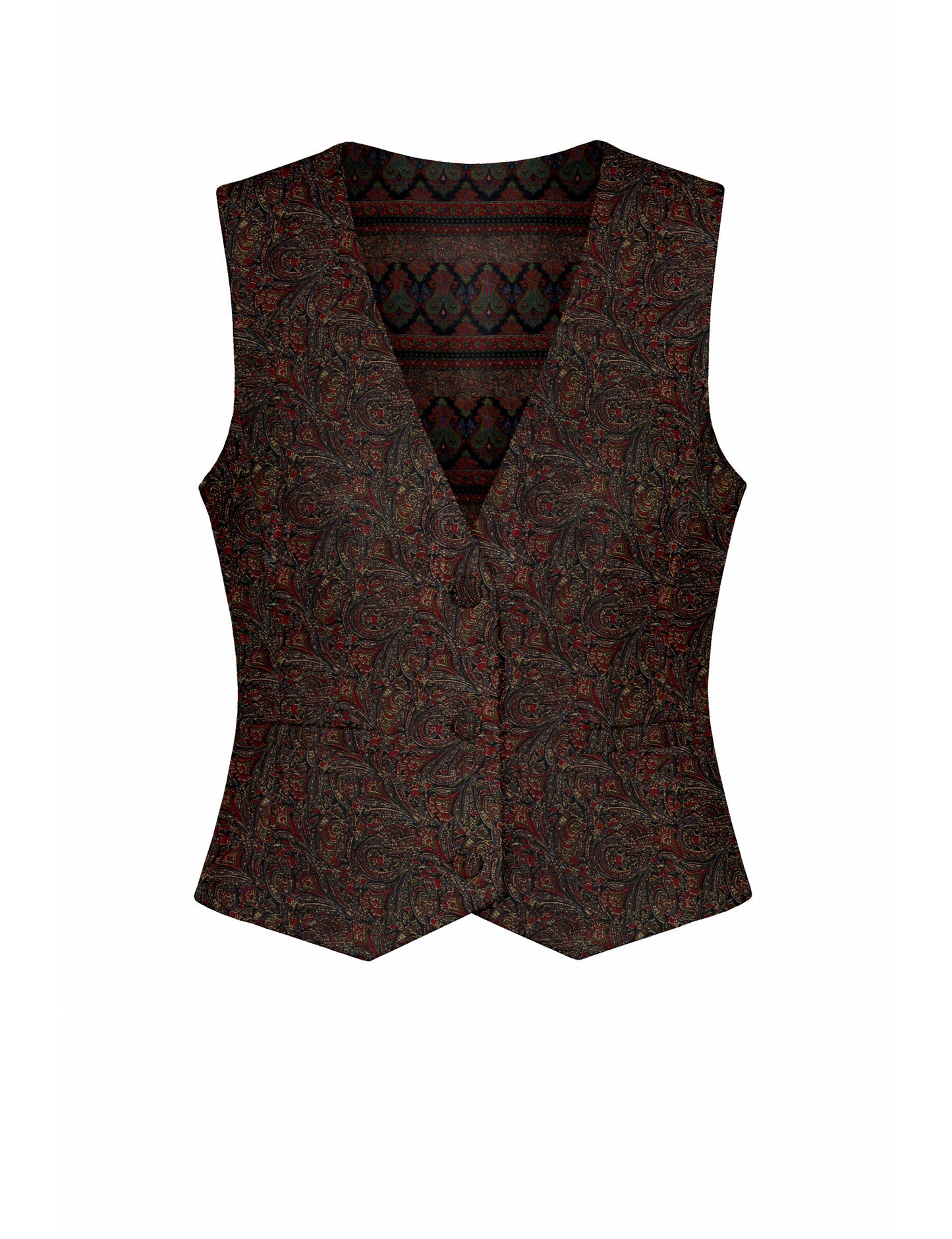 Women's fitted waistcoat with V-neck, single-breasted button closure, tailored silhouette, and pointed hem in sustainable fashion.
