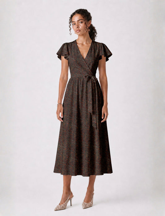 Elegant midi wrap dress with a V-neckline, adjustable waist tie, fitted bodice, and flared skirt for a timeless, flattering silhouette.