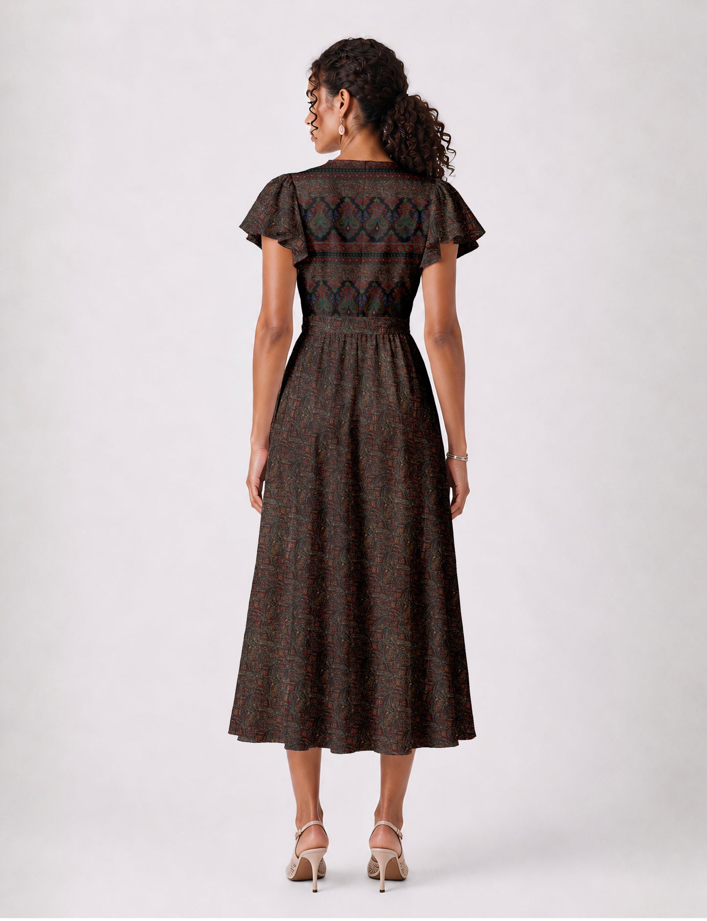Elegant midi wrap dress with a V-neckline, adjustable waist tie, fitted bodice, and flared skirt for a timeless, flattering silhouette.