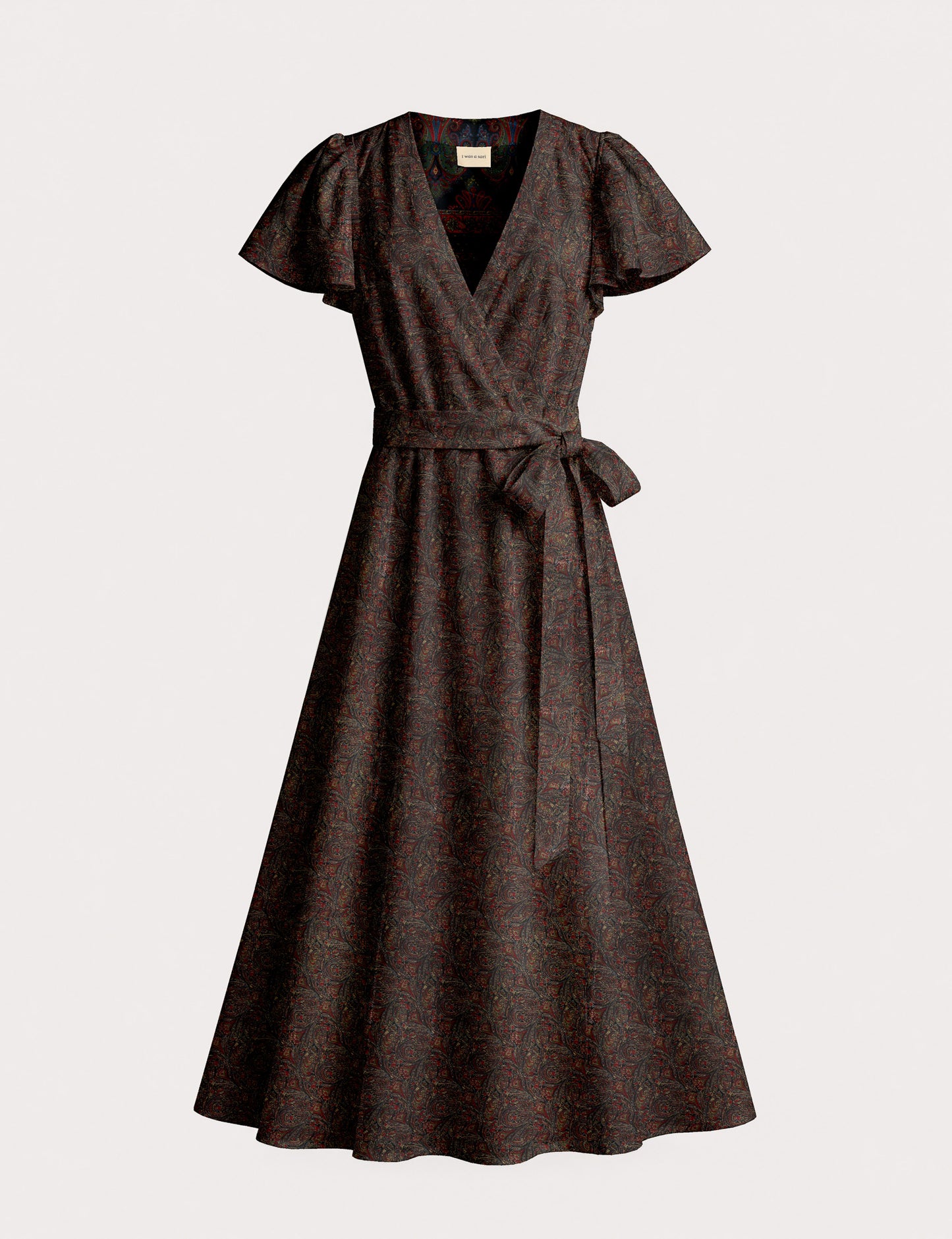 Elegant midi wrap dress with a V-neckline, adjustable waist tie, fitted bodice, and flared skirt for a timeless, flattering silhouette.