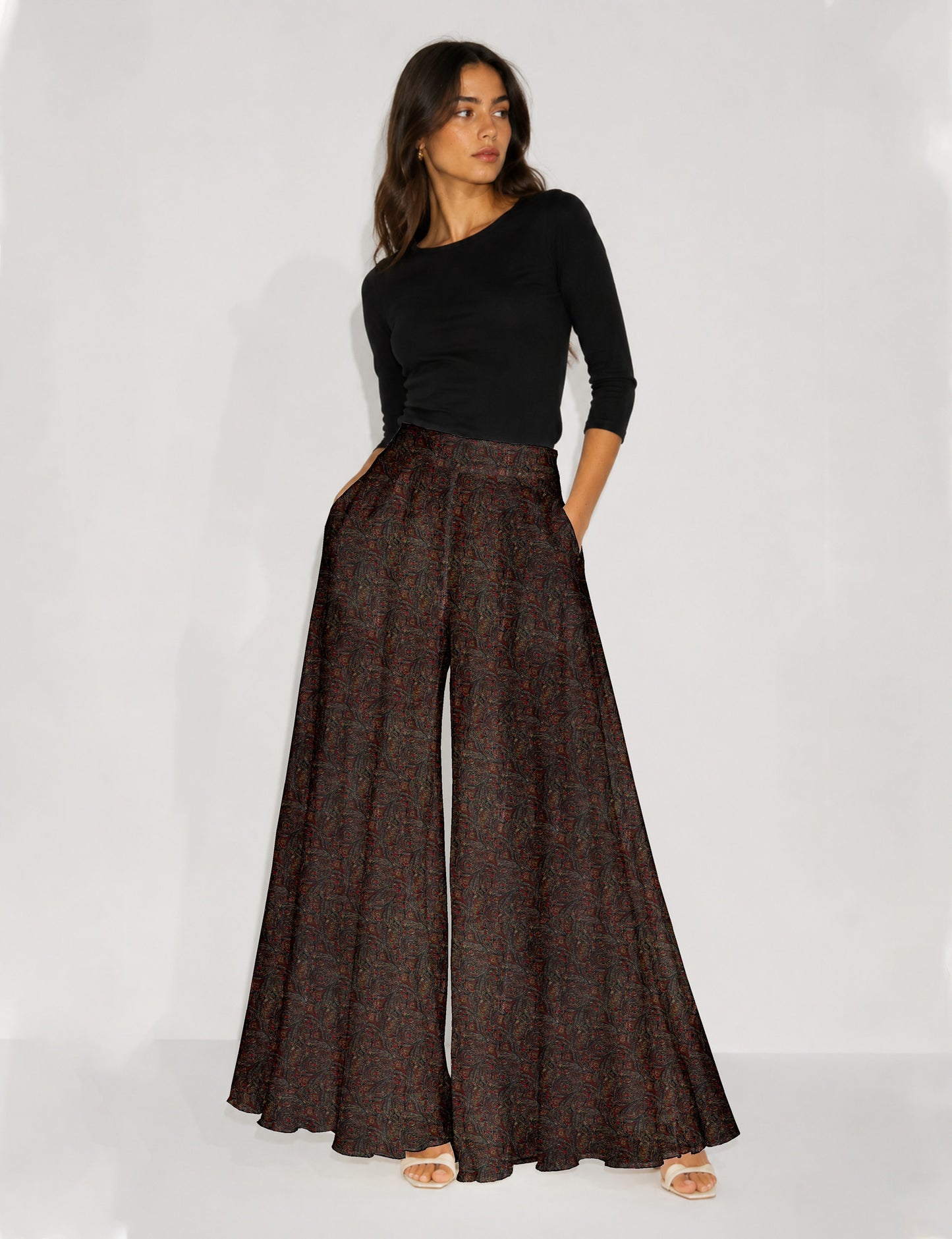 Wide Leg Palazzo Trousers - Black Paisley