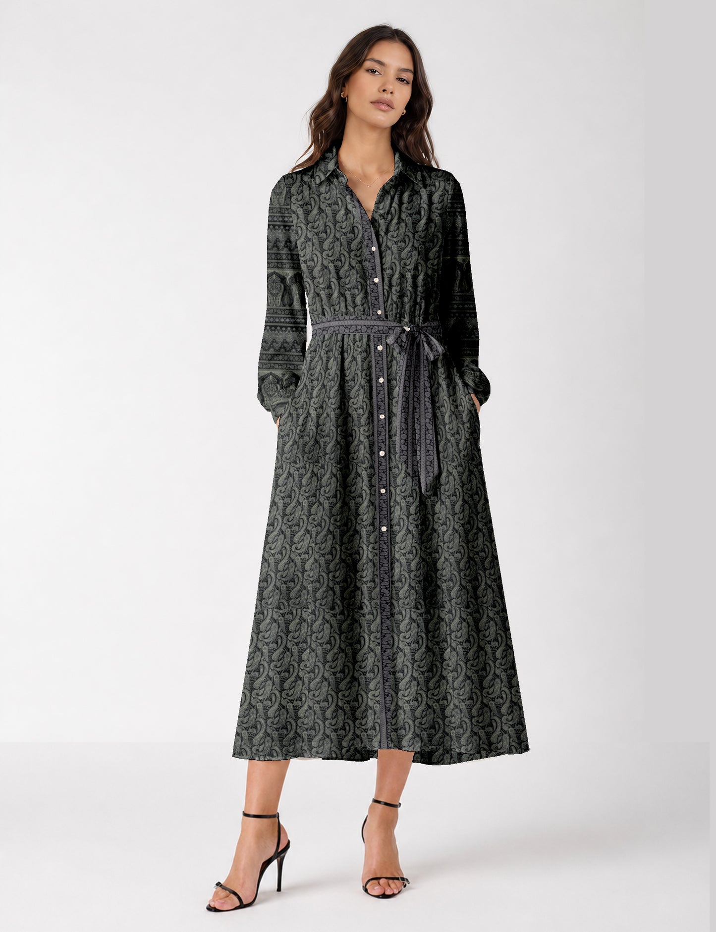 Long shirt dress side view highlighting flared silhouette
