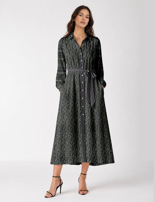 Long shirt dress side view highlighting flared silhouette