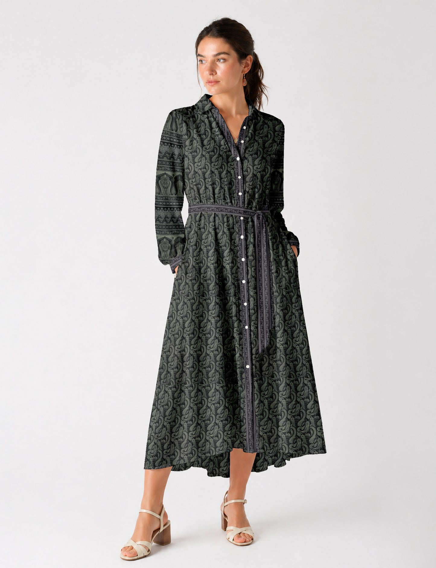 Flowing long shirt dress with relaxed fit and ankle-length design