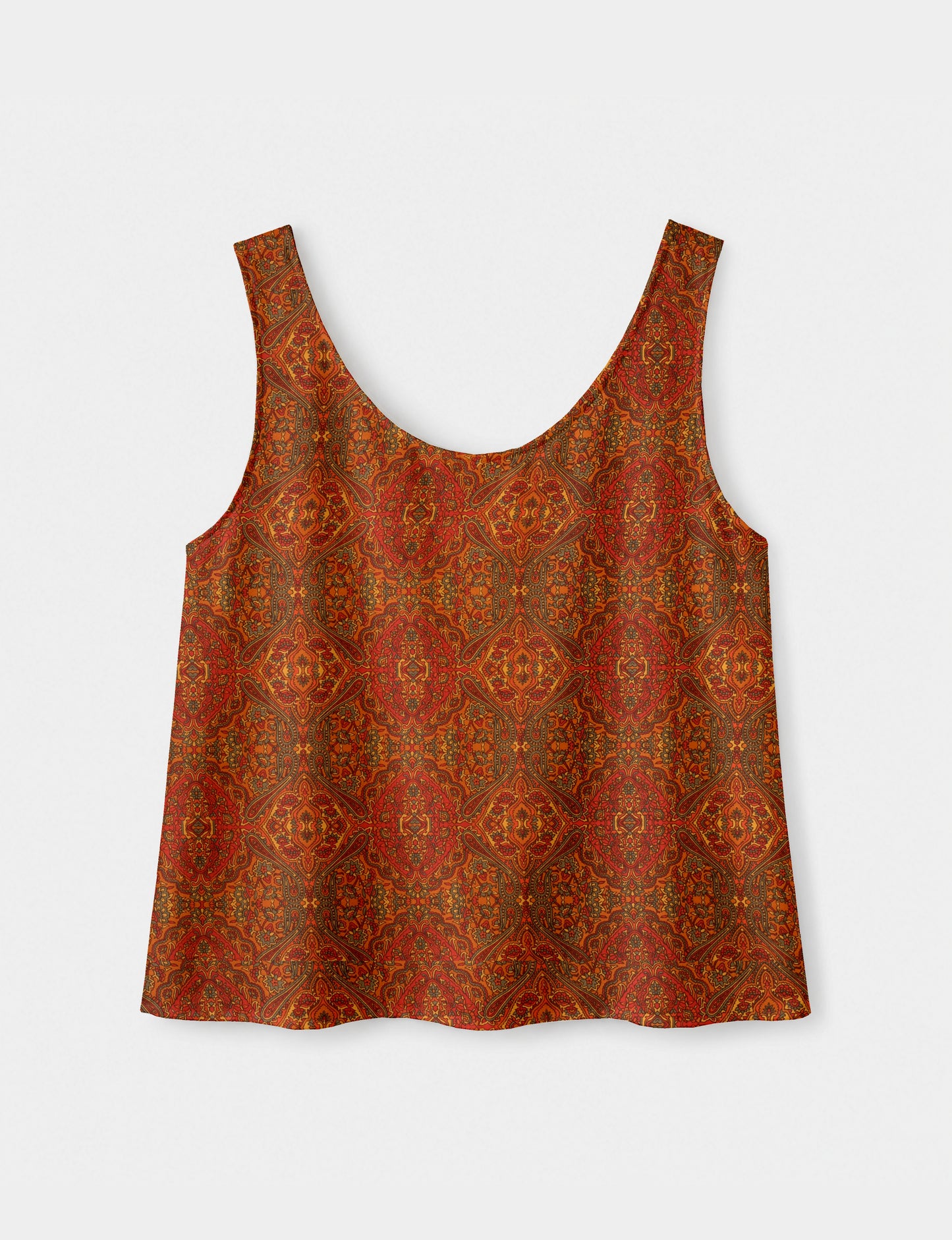 Women's sleeveless blouse with a relaxed straight fit, wide scoop neckline, deep scoop back, and hip-length silhouette.