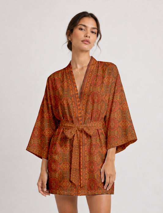 Short kimono robe with wrap front, V-neckline, wide sleeves, waist tie, and concealed skort detail.