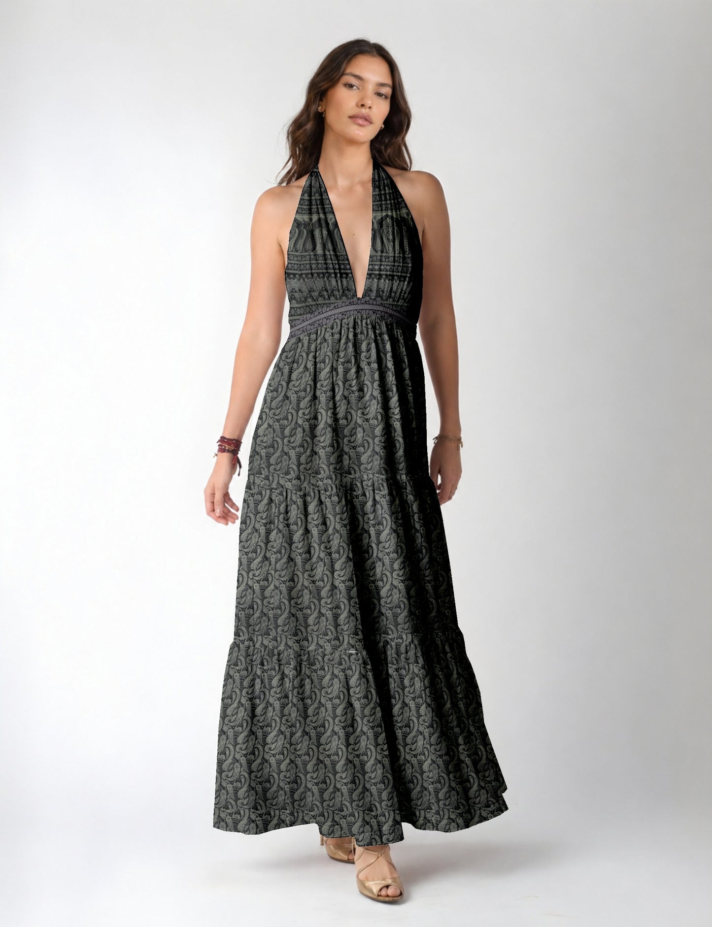 Maxi tiered dress by I was a Sari with halter neckline and flowy silhouette