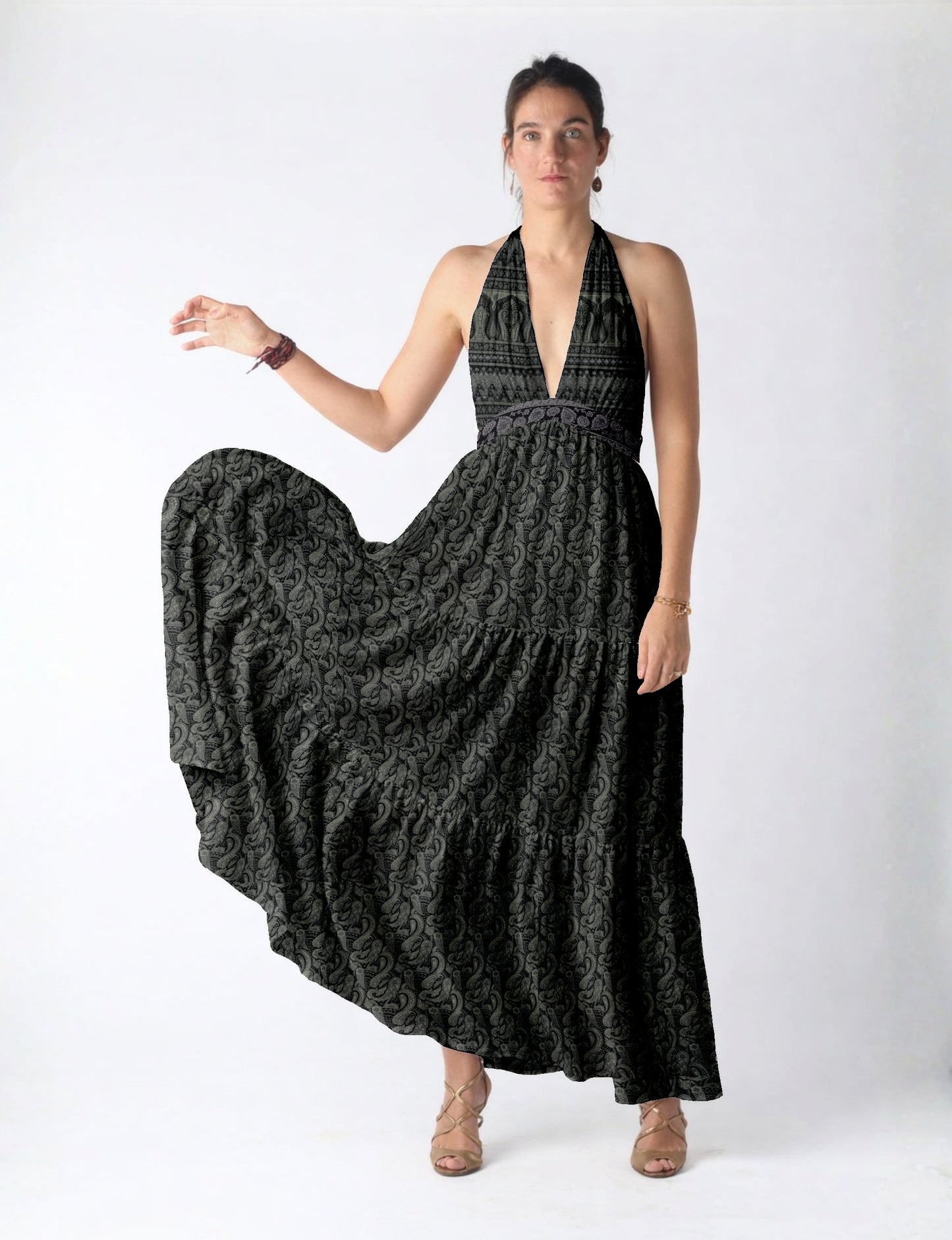 Halter neck maxi dress with tiered layers and elasticated back