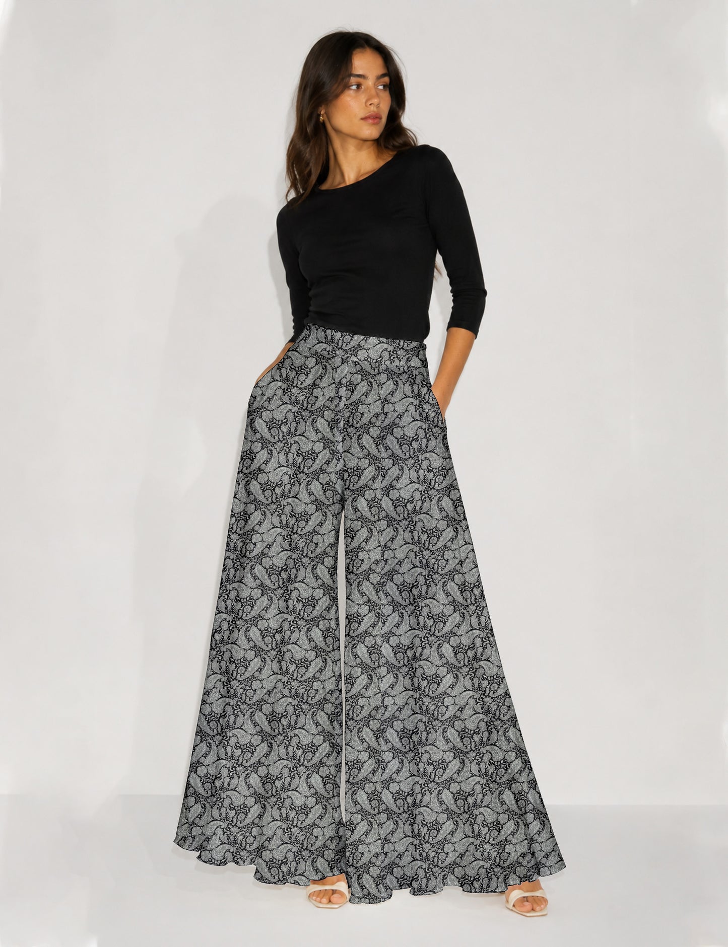 Wide Leg Palazzo Trousers - Black Paisley