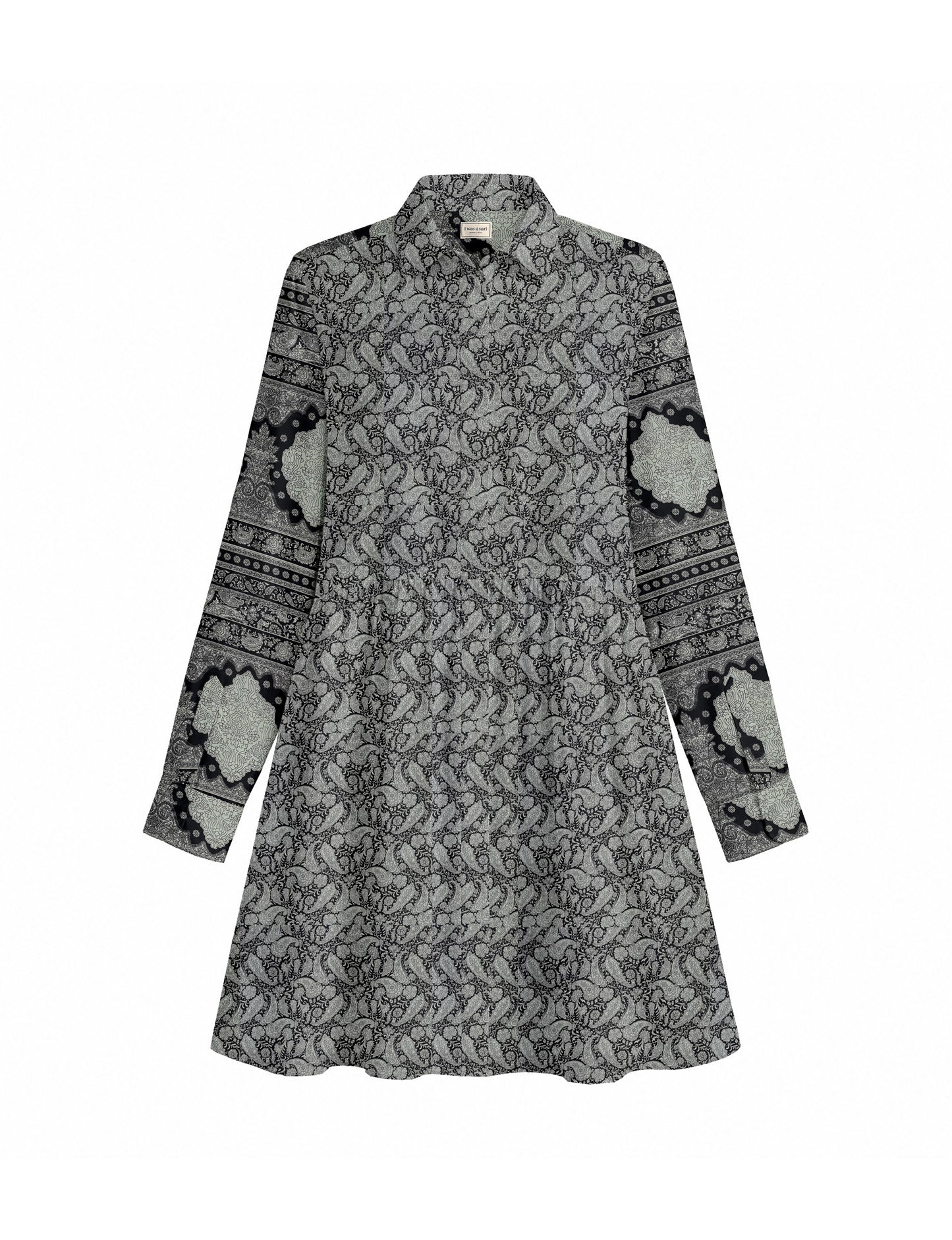 Short shirt dress with a relaxed A-line silhouette, point collar, partial button placket, gathered waist, side pockets, and full-length cuffed sleeves.