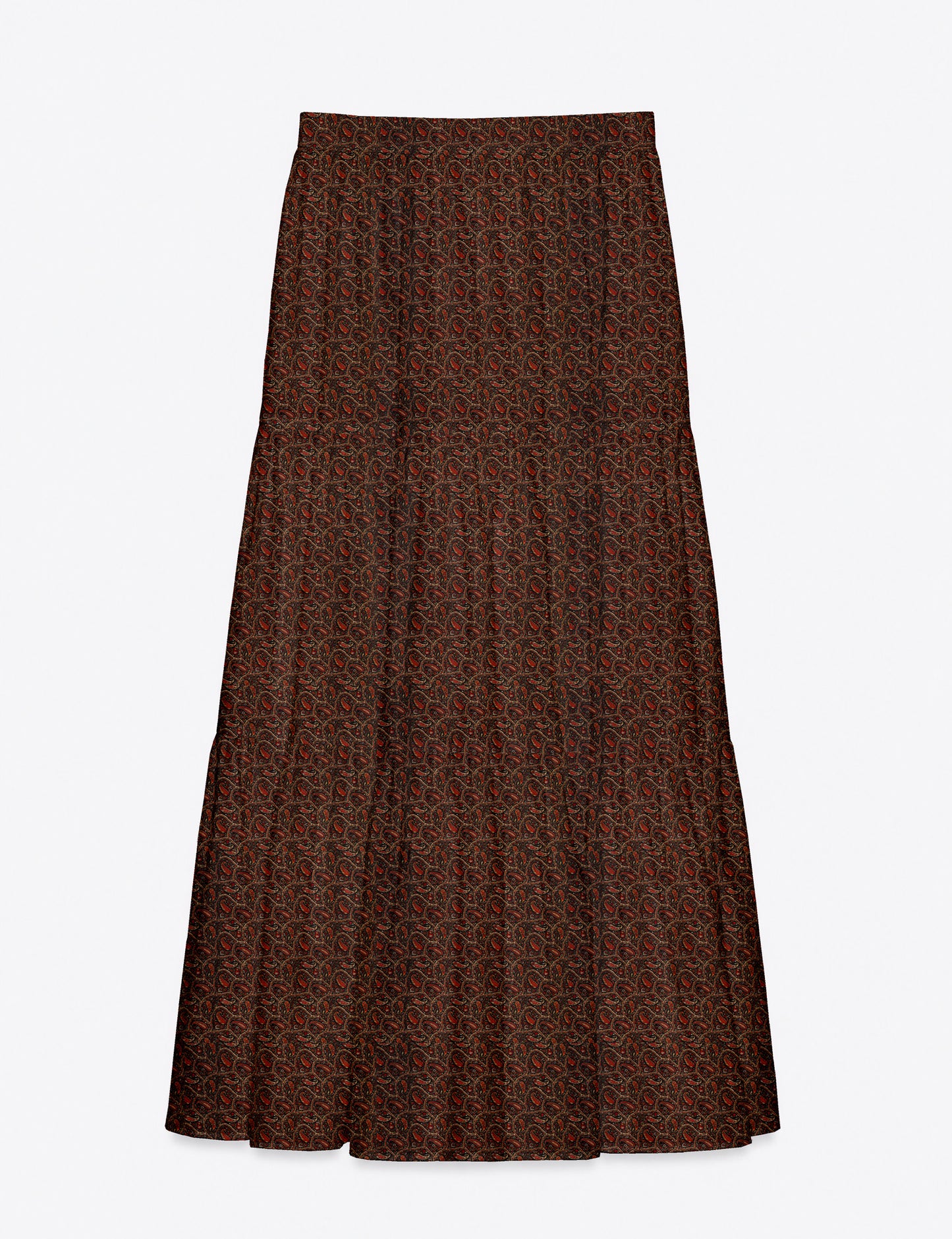 Yellow midi tiered skirt with small dark geometric micro pattern, flat lay front view