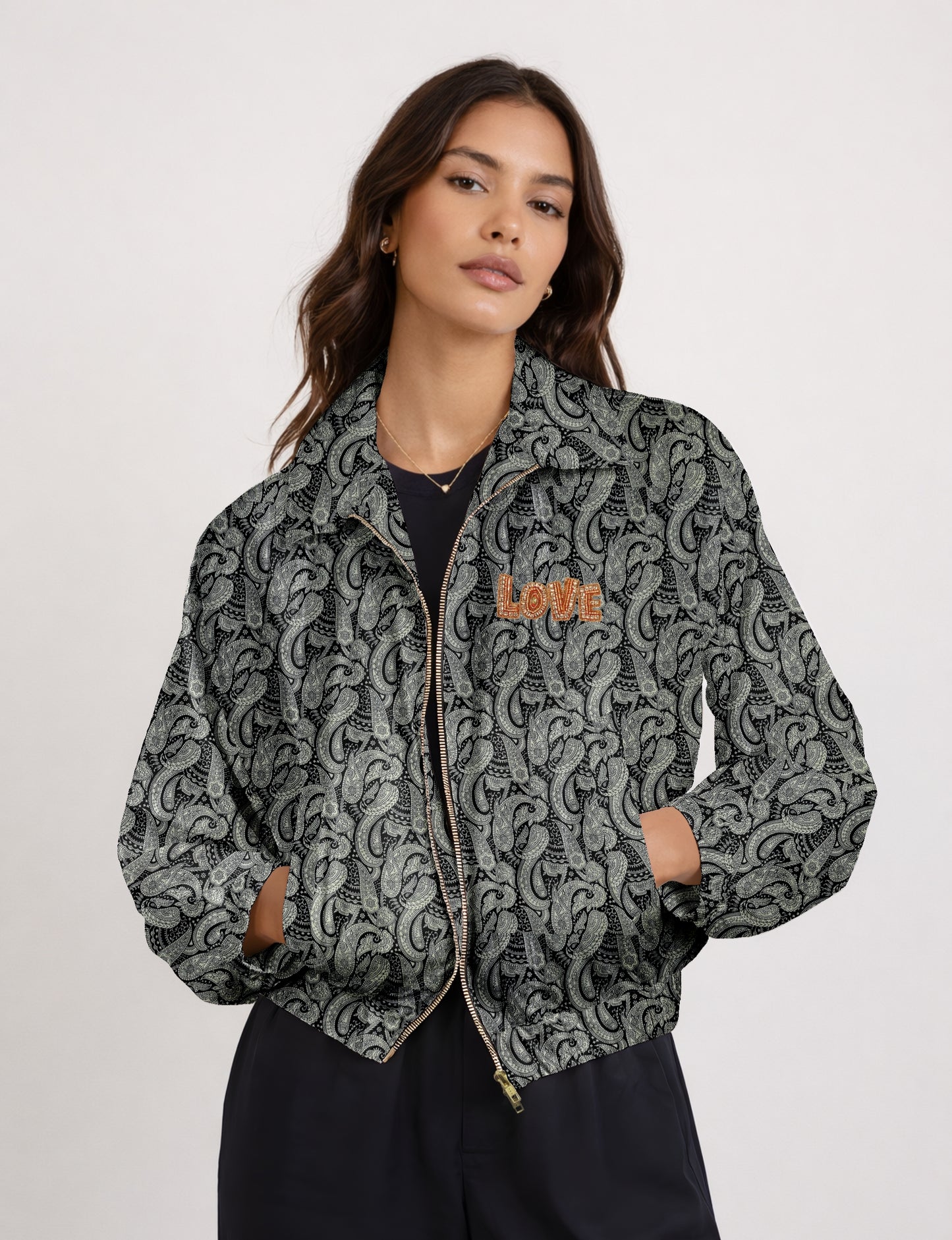 Love Bomber Jacket made from recycled fabric, featuring hand-stitched Aari embroidery. A unique piece of zero-waste clothing, part of the circular fashion movement. Designed with upcycled materials for a stylish yet environmentally friendly clothing choice.
