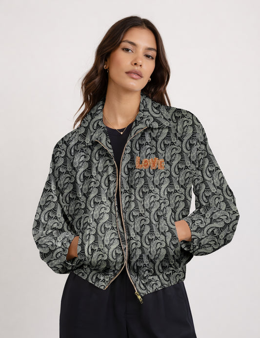 Love Bomber Jacket made from recycled fabric, featuring hand-stitched Aari embroidery. A unique piece of zero-waste clothing, part of the circular fashion movement. Designed with upcycled materials for a stylish yet environmentally friendly clothing choice.