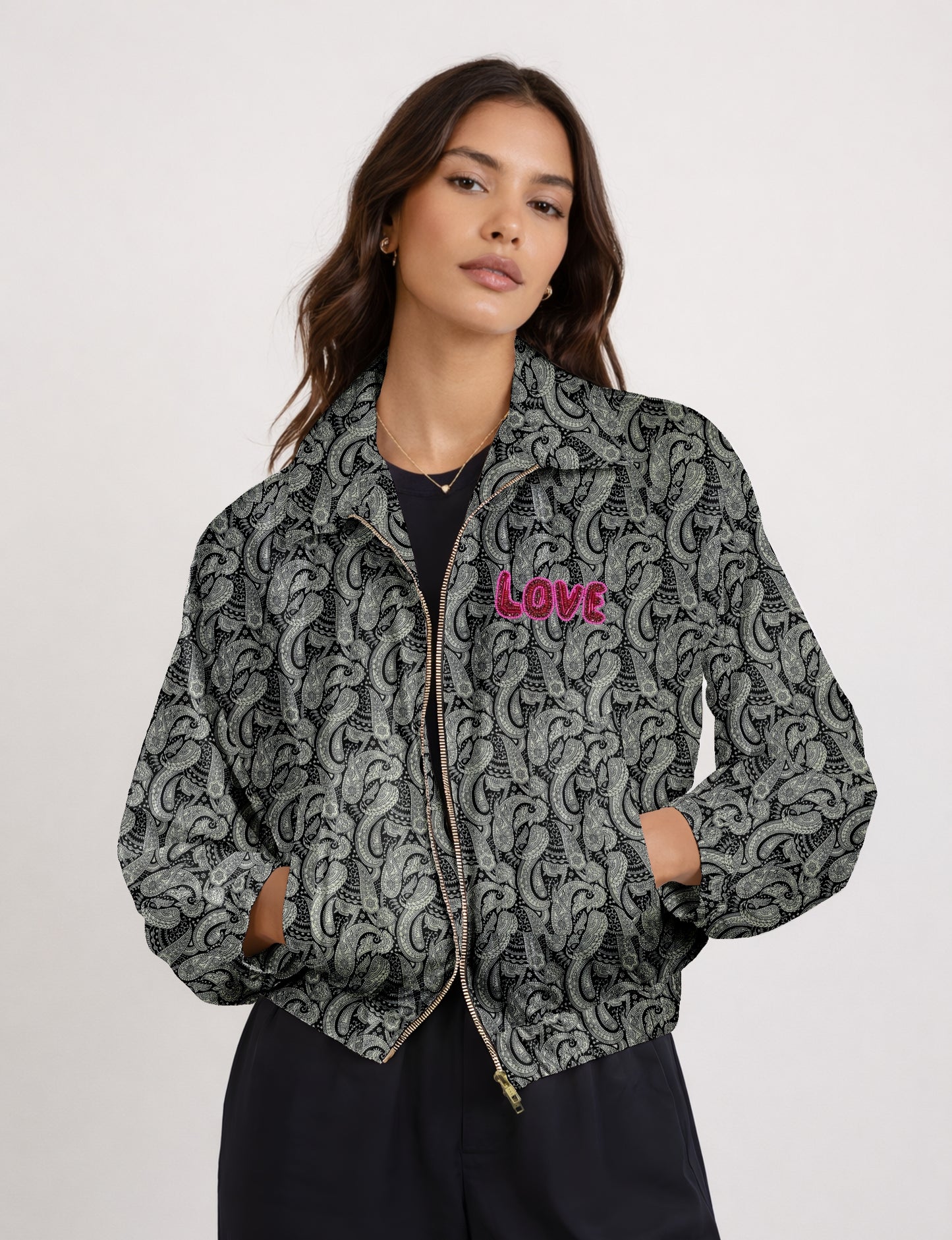 Love Bomber Jacket made from recycled fabric, featuring hand-stitched Aari embroidery. A unique piece of zero-waste clothing, part of the circular fashion movement. Designed with upcycled materials for a stylish yet environmentally friendly clothing choice.