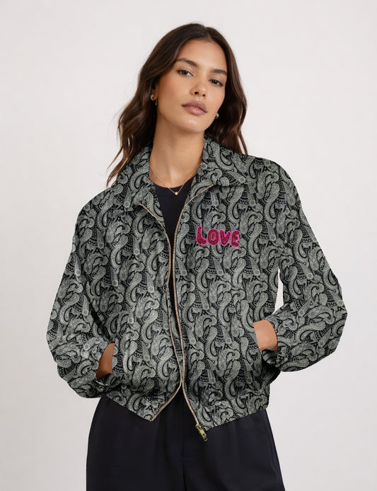 Love Bomber Jacket made from recycled fabric, featuring hand-stitched Aari embroidery. A unique piece of zero-waste clothing, part of the circular fashion movement. Designed with upcycled materials for a stylish yet environmentally friendly clothing choice.