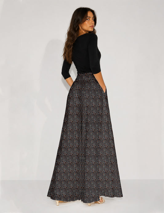 Wide Leg Palazzo Trousers - Black Paisley