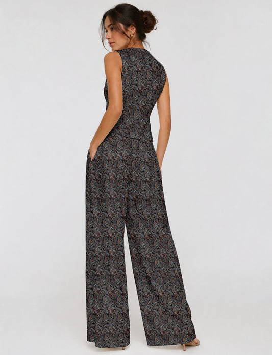 Women's tailored waistcoat set with a sleeveless V-neck button-front waistcoat and high-rise wide leg trousers in a coordinated matching outfit.