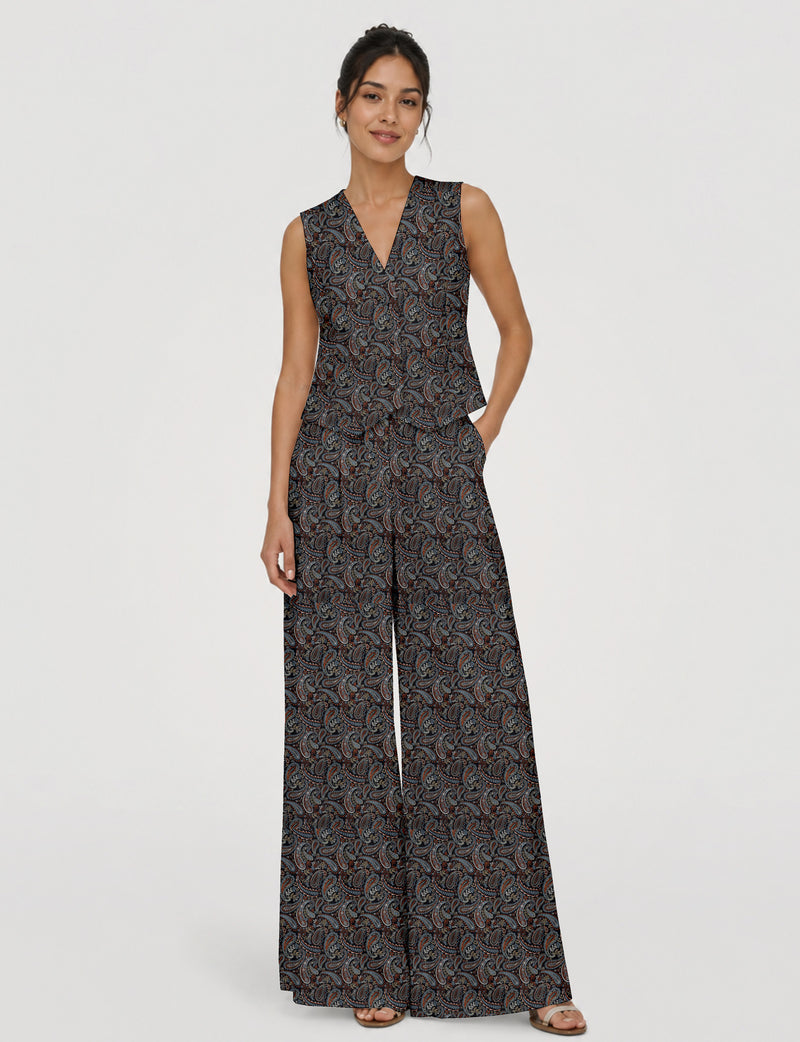 Women's tailored waistcoat set with a sleeveless V-neck button-front waistcoat and high-rise wide leg trousers in a coordinated matching outfit.