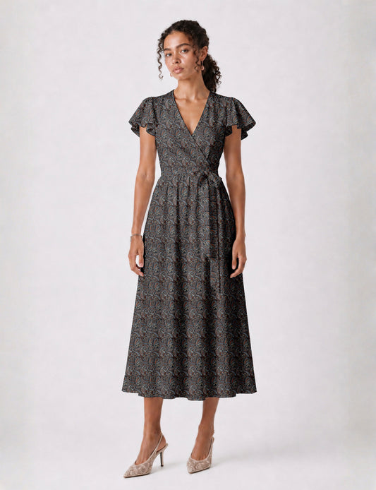 Elegant midi wrap dress with a V-neckline, adjustable waist tie, fitted bodice, and flared skirt for a timeless, flattering silhouette.