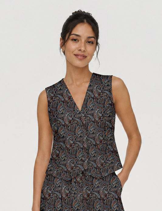 Women's fitted waistcoat with V-neck, single-breasted button closure, tailored silhouette, and pointed hem in sustainable fashion.