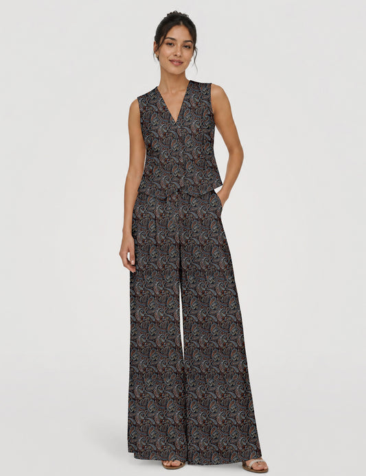 Women's tailored waistcoat set with a sleeveless V-neck button-front waistcoat and high-rise wide leg trousers in a coordinated matching outfit.