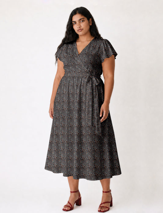 Elegant midi wrap dress with a V-neckline, adjustable waist tie, fitted bodice, and flared skirt for a timeless, flattering silhouette.