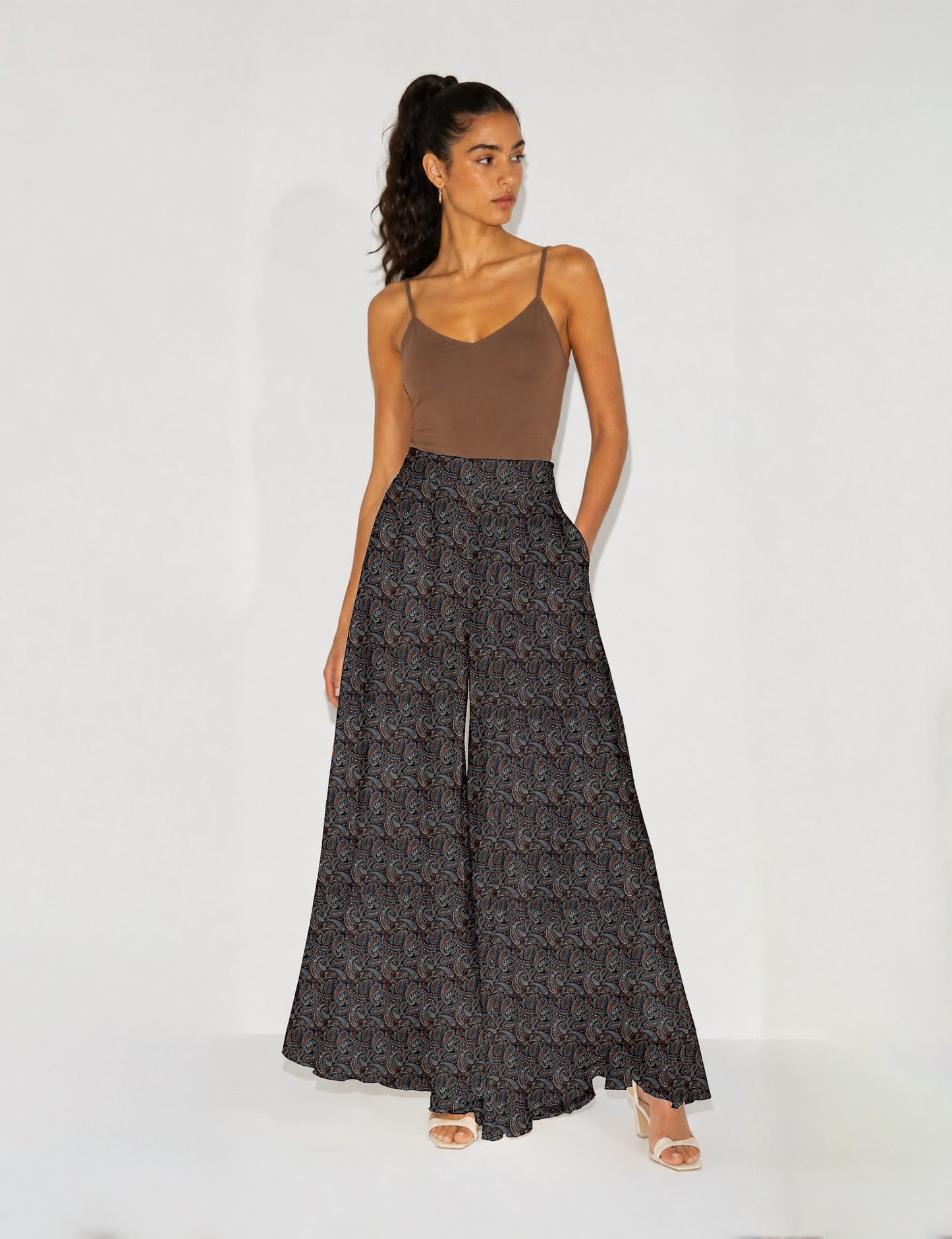 Wide Leg Palazzo Trousers - Black Paisley