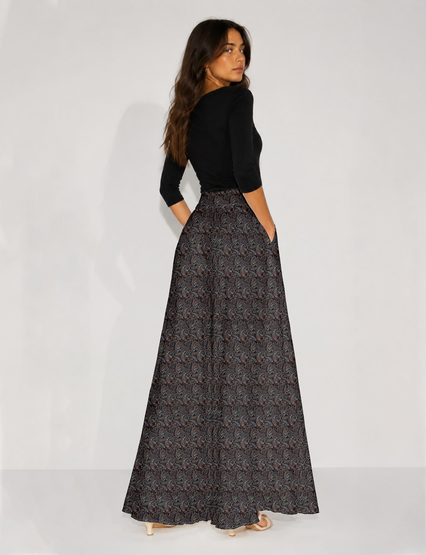 Wide Leg Palazzo Trousers - Black Paisley