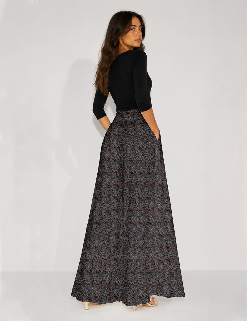 Wide Leg Palazzo Trousers - Black Paisley