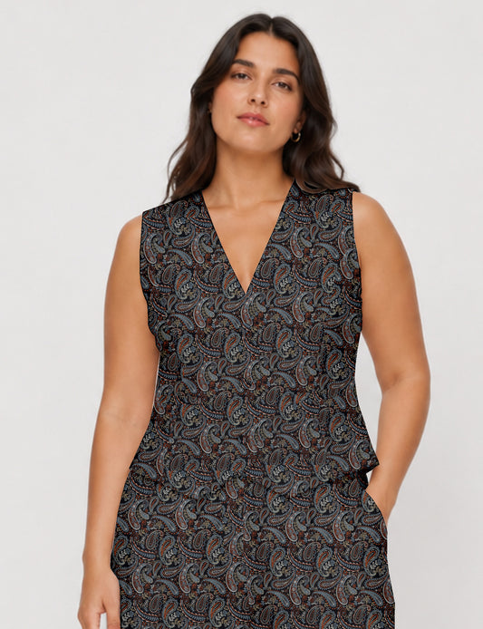 Women's fitted waistcoat with V-neck, single-breasted button closure, tailored silhouette, and pointed hem in sustainable fashion.