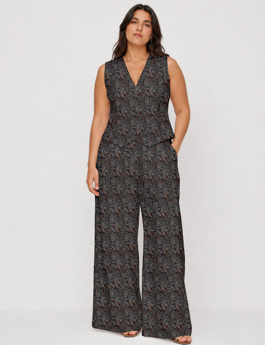 Women's tailored waistcoat set with a sleeveless V-neck button-front waistcoat and high-rise wide leg trousers in a coordinated matching outfit.