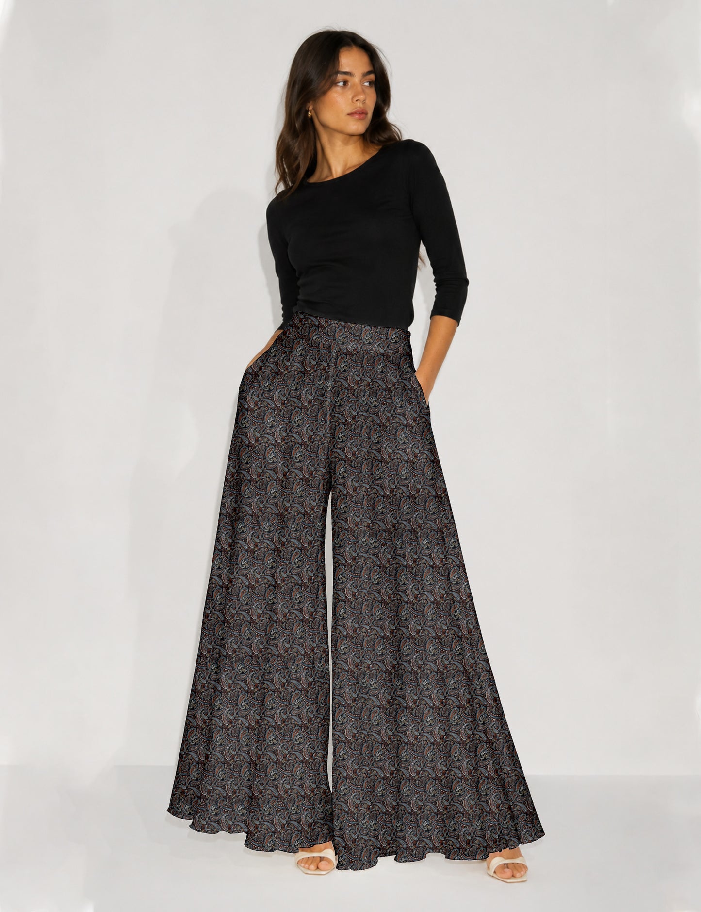 Wide Leg Palazzo Trousers - Black Paisley
