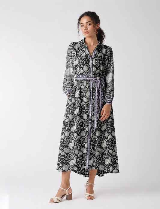 Long shirt dress side view highlighting flared silhouette